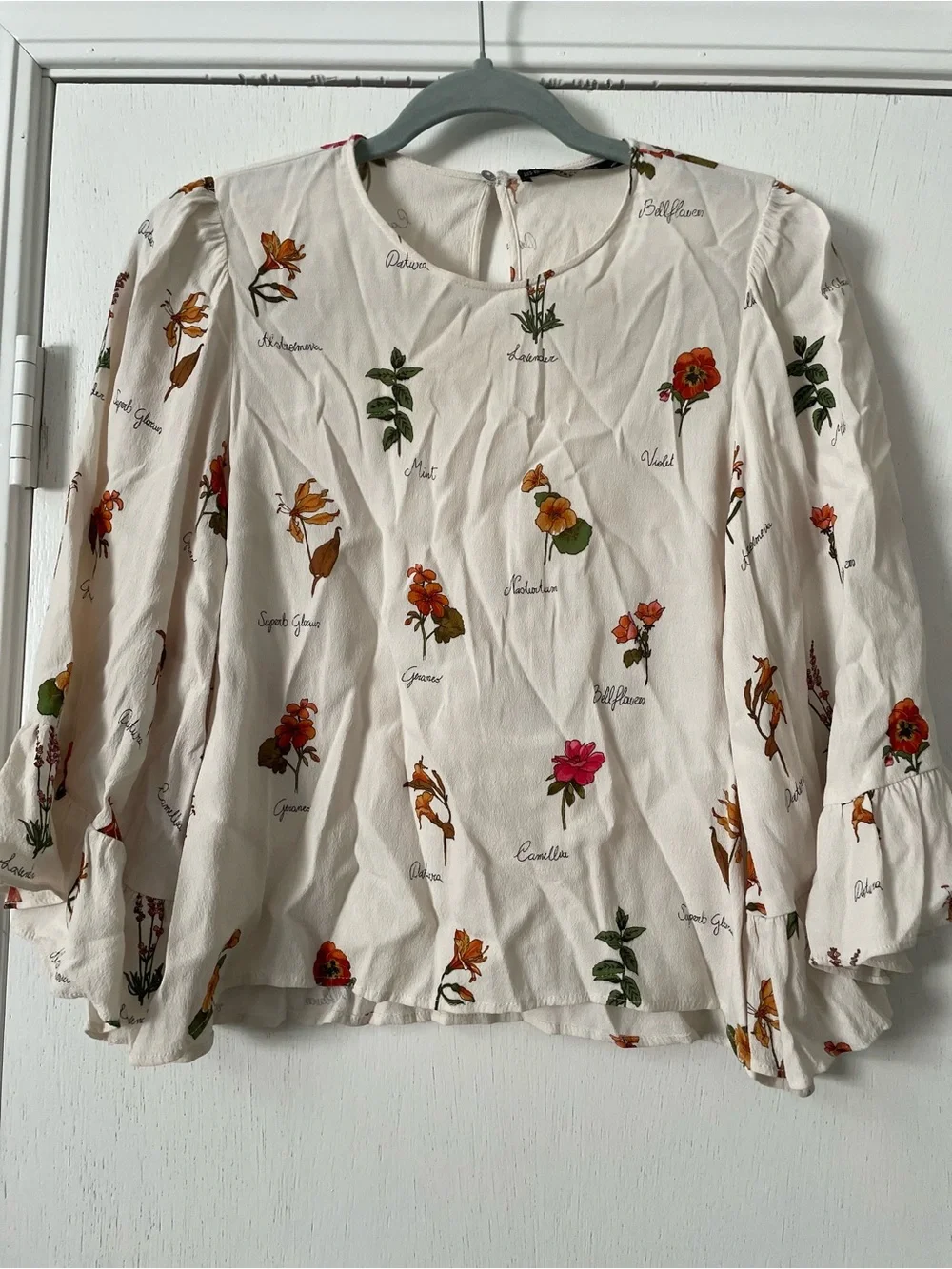 Zara Cream Floral Long-Sleeve Blouse